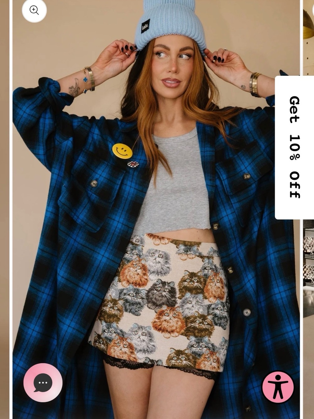 Dressed in LALA Beige Mini Skirt with Multi-Colored Cat Tapestry - Picture 6 of 14